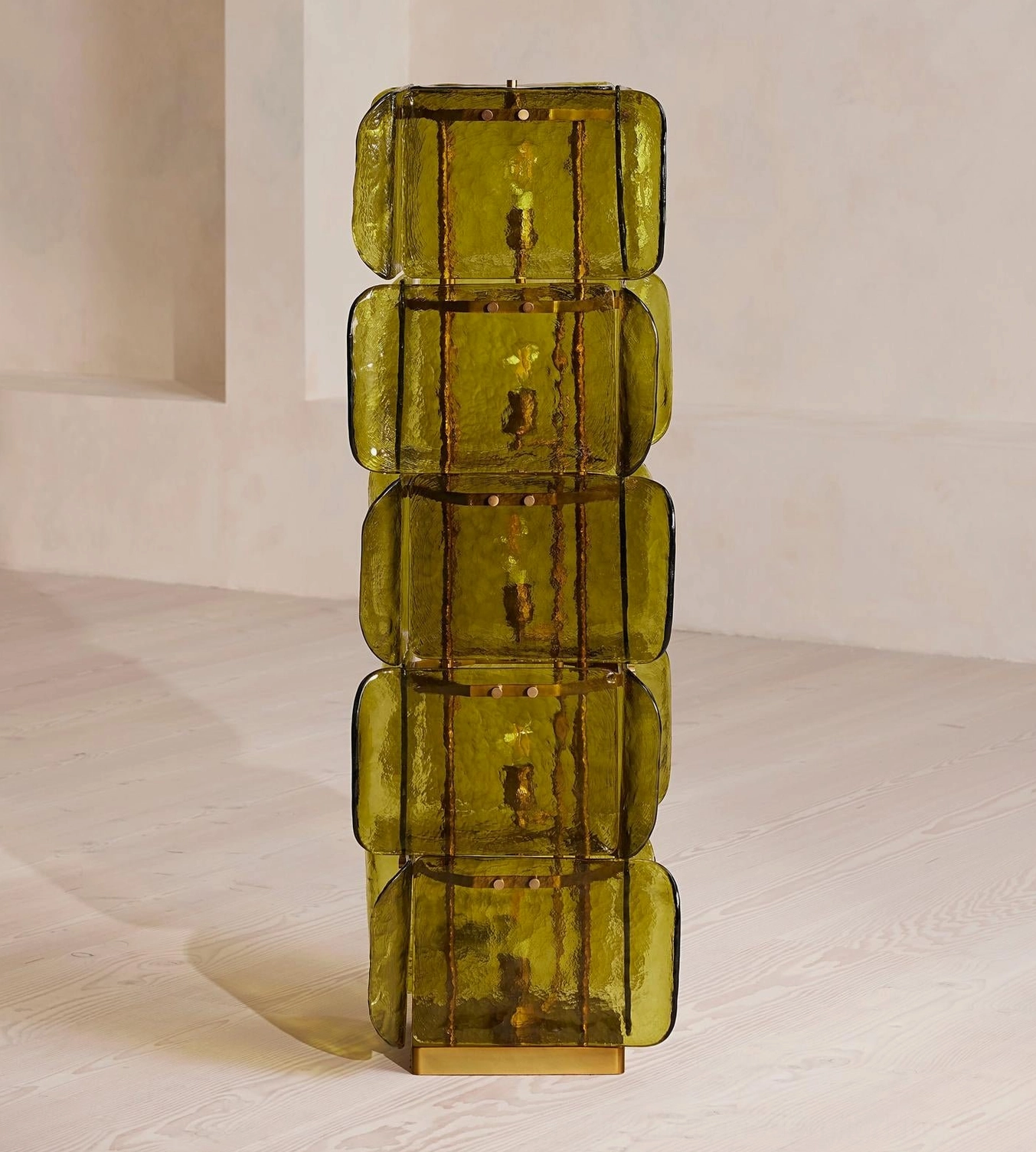 Cubo Totem floor lamp white finish, clean minimalist five-tier sculptural lighting for modern contemporary interiors