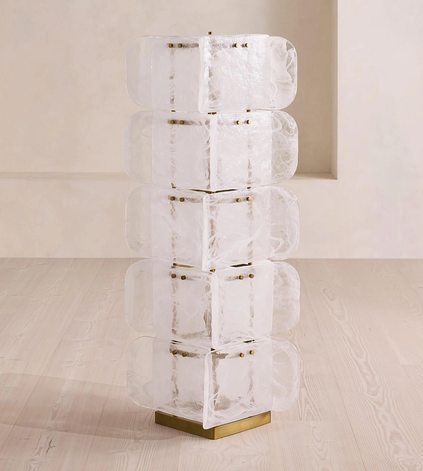 Cubo Totem sculptural floor lamp on minimalist wooden floor, sleek modern art glass stacked-tier design in neutral setting