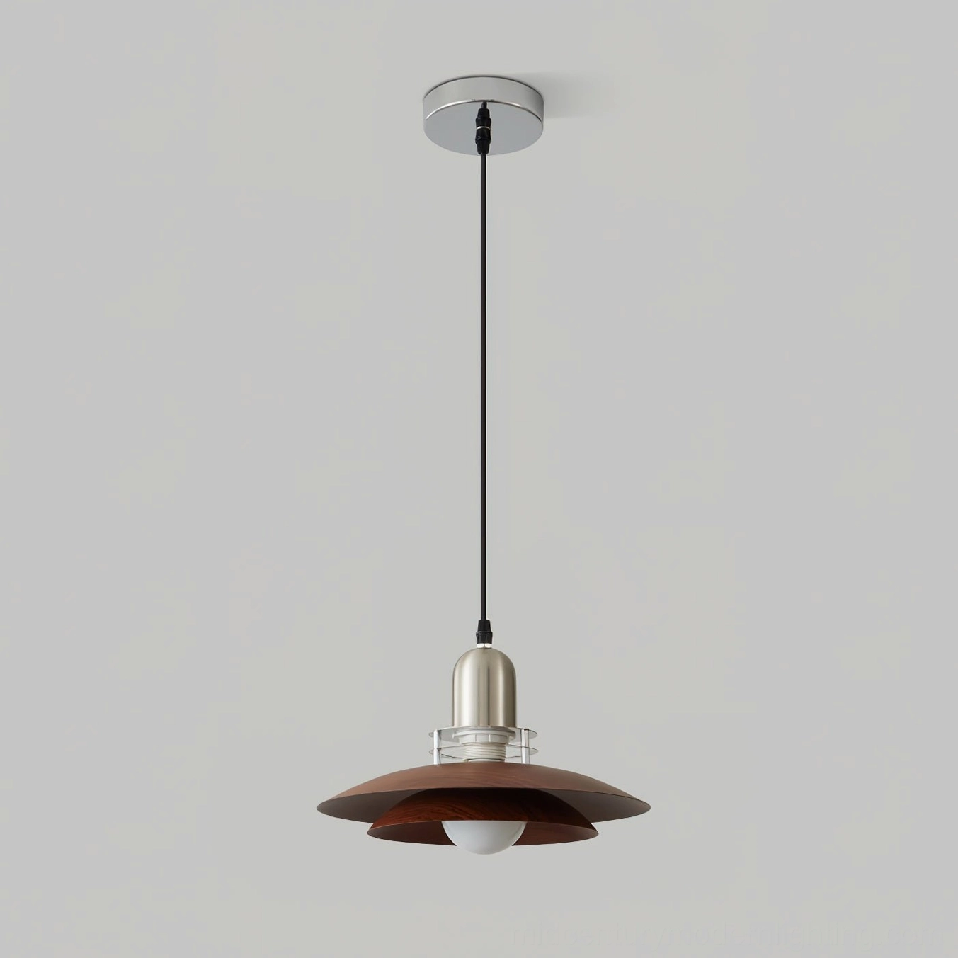 Cullen pendant light frontal low-angle view highlighting double-layer metal shade with wood-grain walnut finish