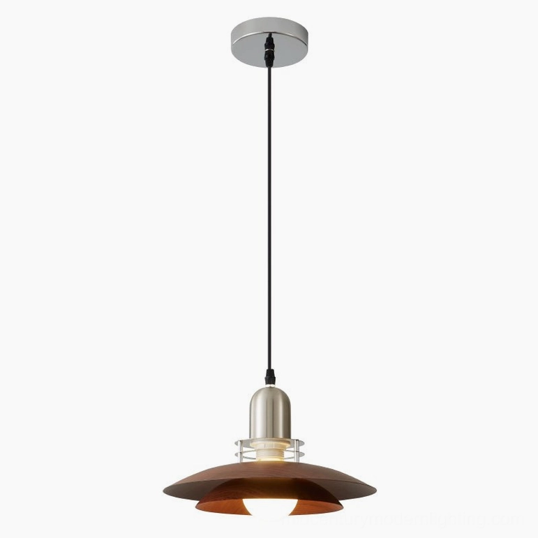 Cullen pendant light overhead view showing wide walnut wood-grain metal shade with exposed warm-glowing bulb interior
