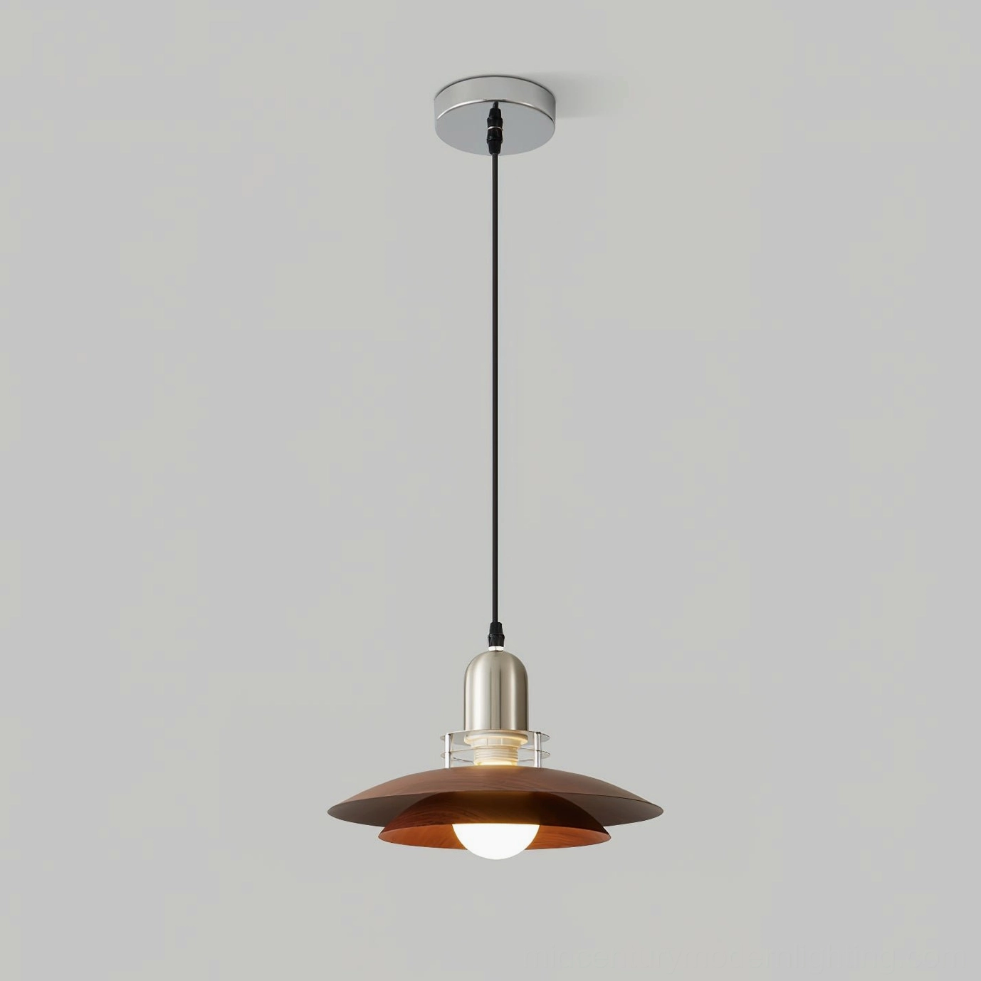 Cullen pendant light featuring single-layer disc-shaped walnut wood-grain shade with exposed chrome socket detail