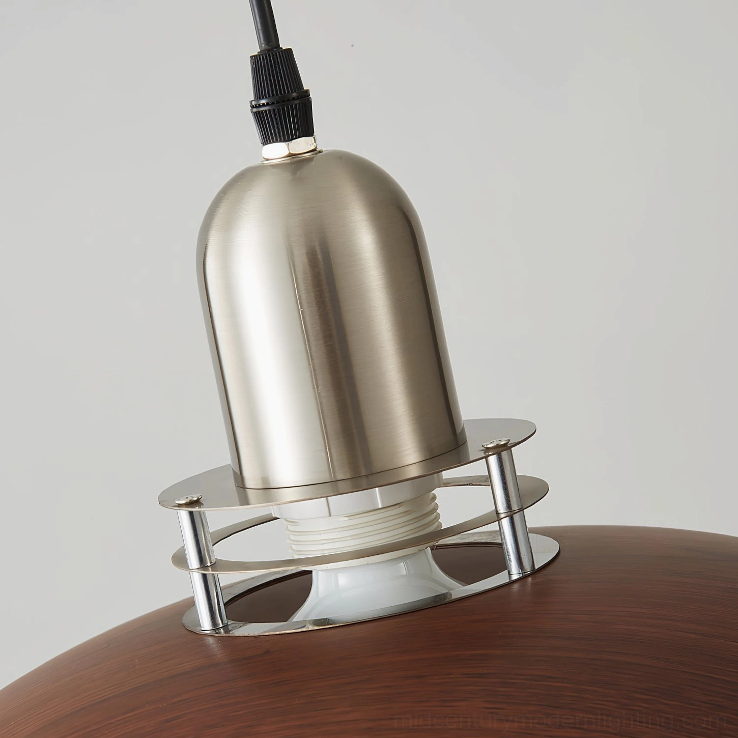 Close-up detail of Cullen pendant light socket, E27/E26 base with brushed chrome mounting ring and hardware
