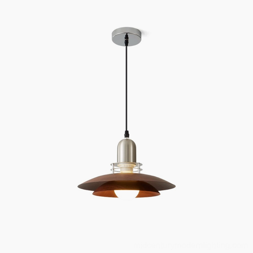 Cullen mid-century modern pendant light with walnut-finish double-layer metal shade and brushed chrome hardware, studio front view