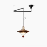 Cullen swing arm pendant light - flat front view with black metal arm and walnut wood shade on white background, showcasing adjustable design