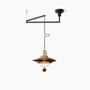 Cullen swing arm pendant light - flat front view with black metal arm and walnut wood shade on white background, showcasing adjustable design