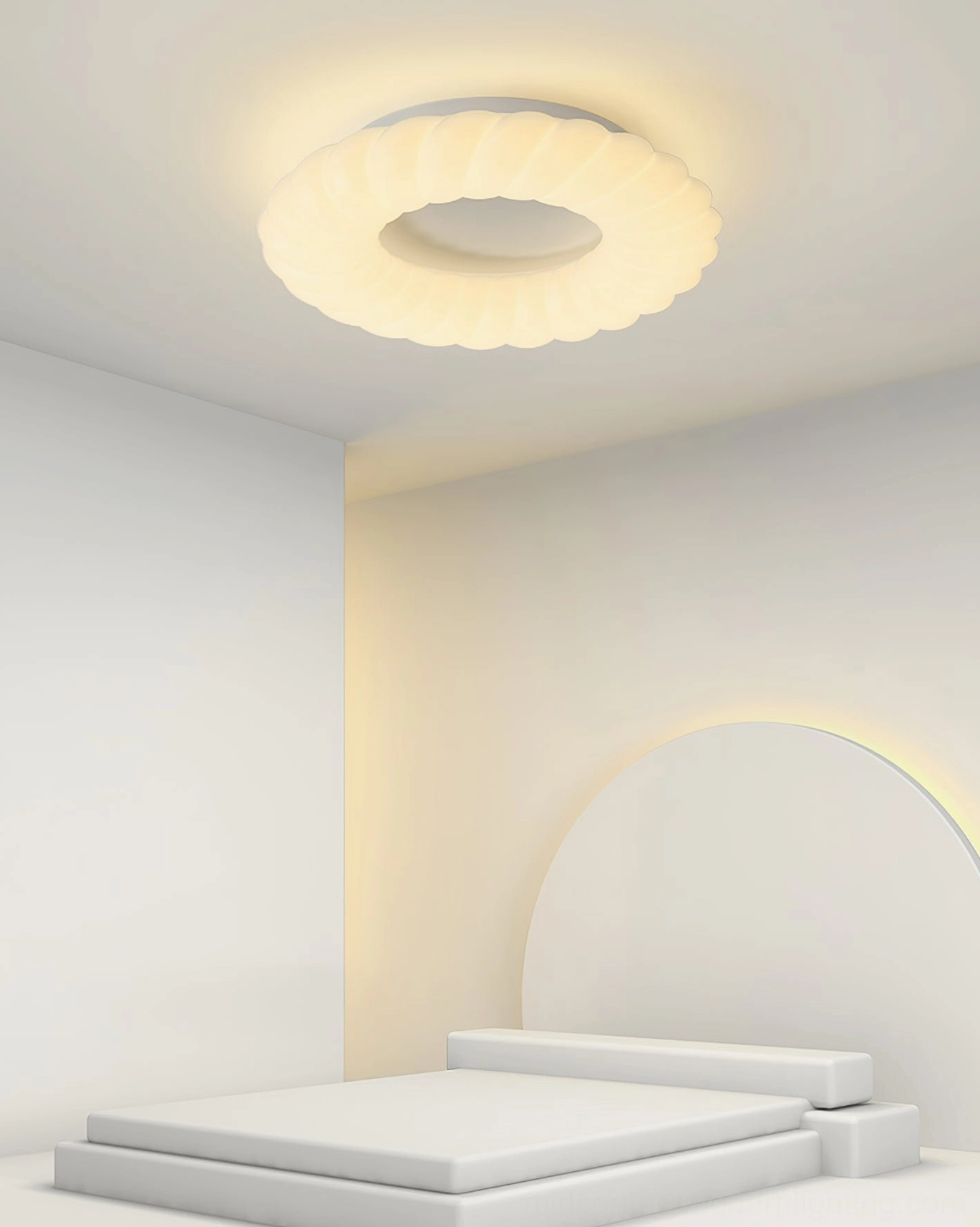 Single Cumulus ring ceiling lamp in contemporary bedroom with arched headboard minimal aesthetic