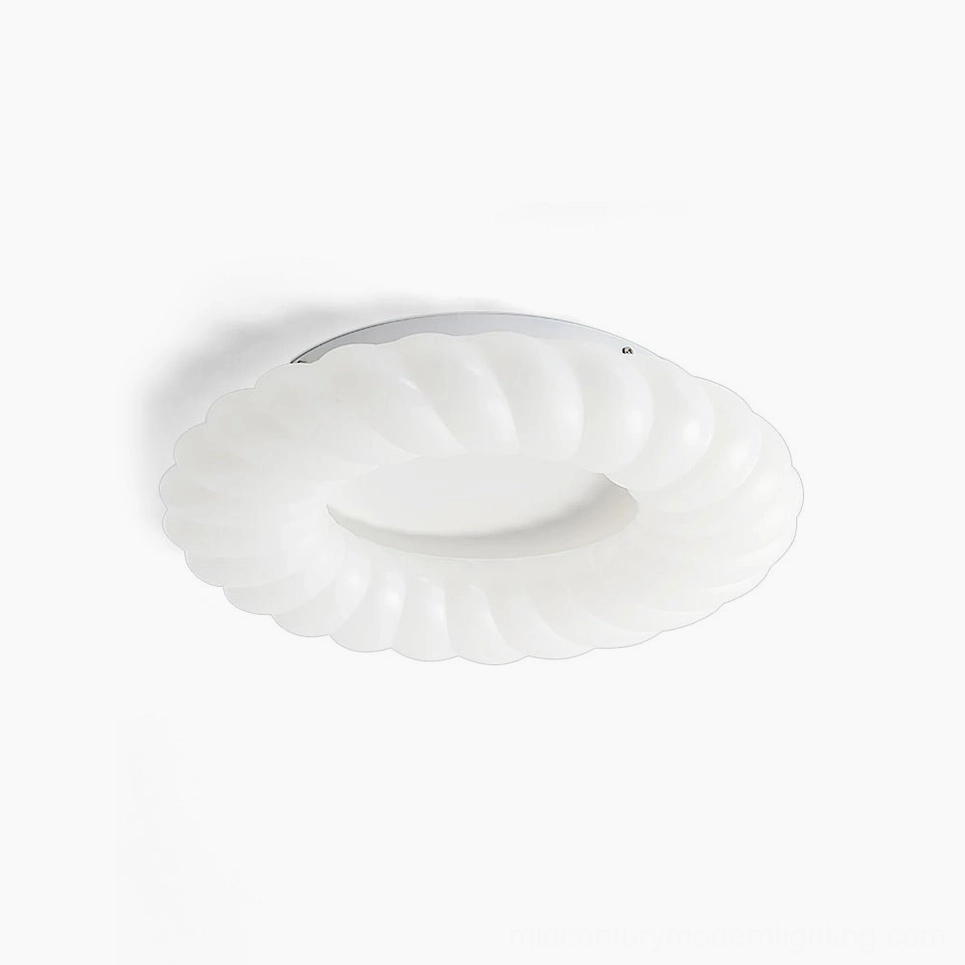 Cumulus modern ceiling lamp overhead studio view showing ribbed torus ring design in white plastic