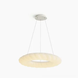 Cumulus twisted ring pendant lamp with creamy white finish, bottom-up view showing geometric LED fixture design