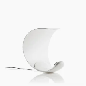 Curl crescent table lamp front view white and chrome finish minimalist modern design studio lighting