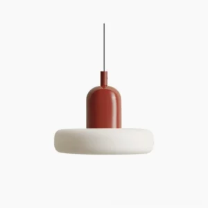 Curling glass pendant lamp with burgundy metal top and white opaque shade, studio front view showcasing modern minimalist design