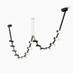 Curve leather chandelier with wavy black metal frame and white cylindrical pendant heads, flat studio view showing sculptural design