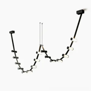Curve leather chandelier with wavy black metal frame and white cylindrical pendant heads, flat studio view showing sculptural design