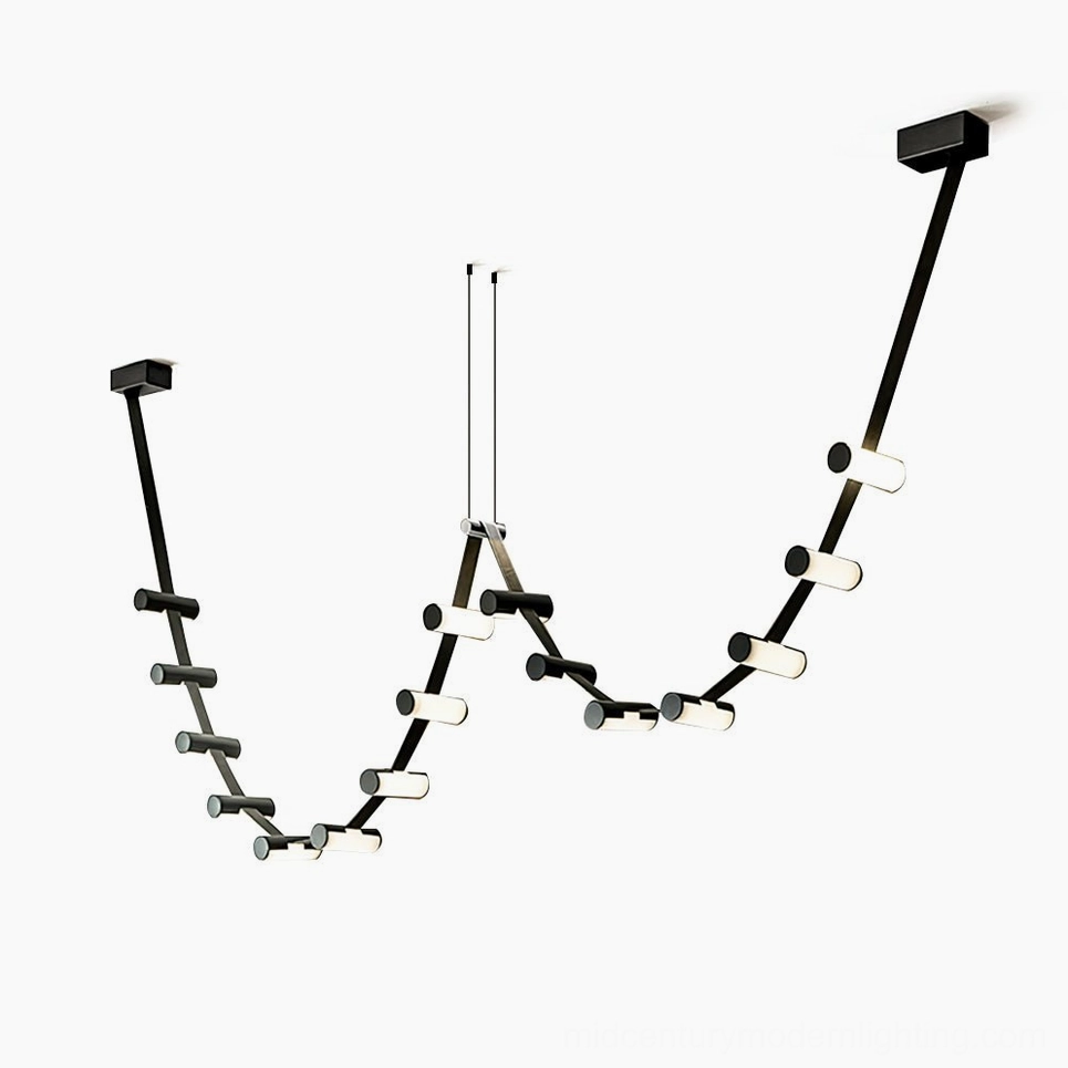 Curve leather chandelier with wavy black metal frame and white cylindrical pendant heads, flat studio view showing sculptural design