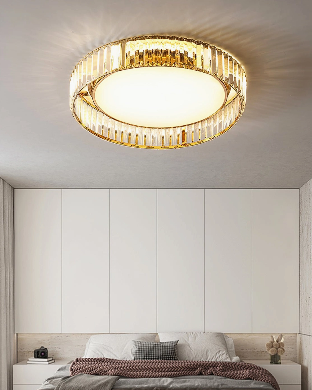 Curzon Ceiling Lamp in contemporary bedroom - overhead ceiling view with upholstered bed and warm ambient illumination