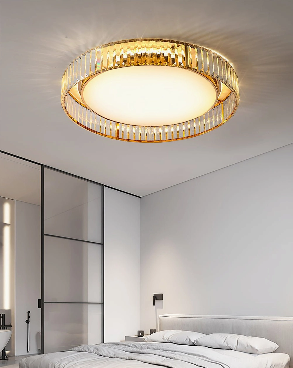 Curzon Crystal Flush Mount Ceiling Light in modern ensuite bathroom - overhead view with cozy warm bedroom lighting