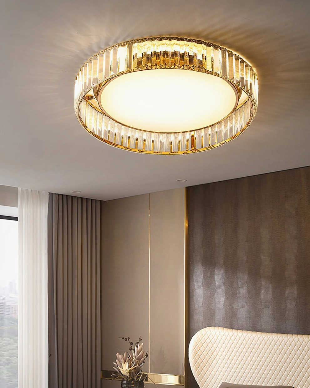 Curzon Ceiling Lamp illuminated in luxury residential corner - warm ambient lighting creating elegant focal point