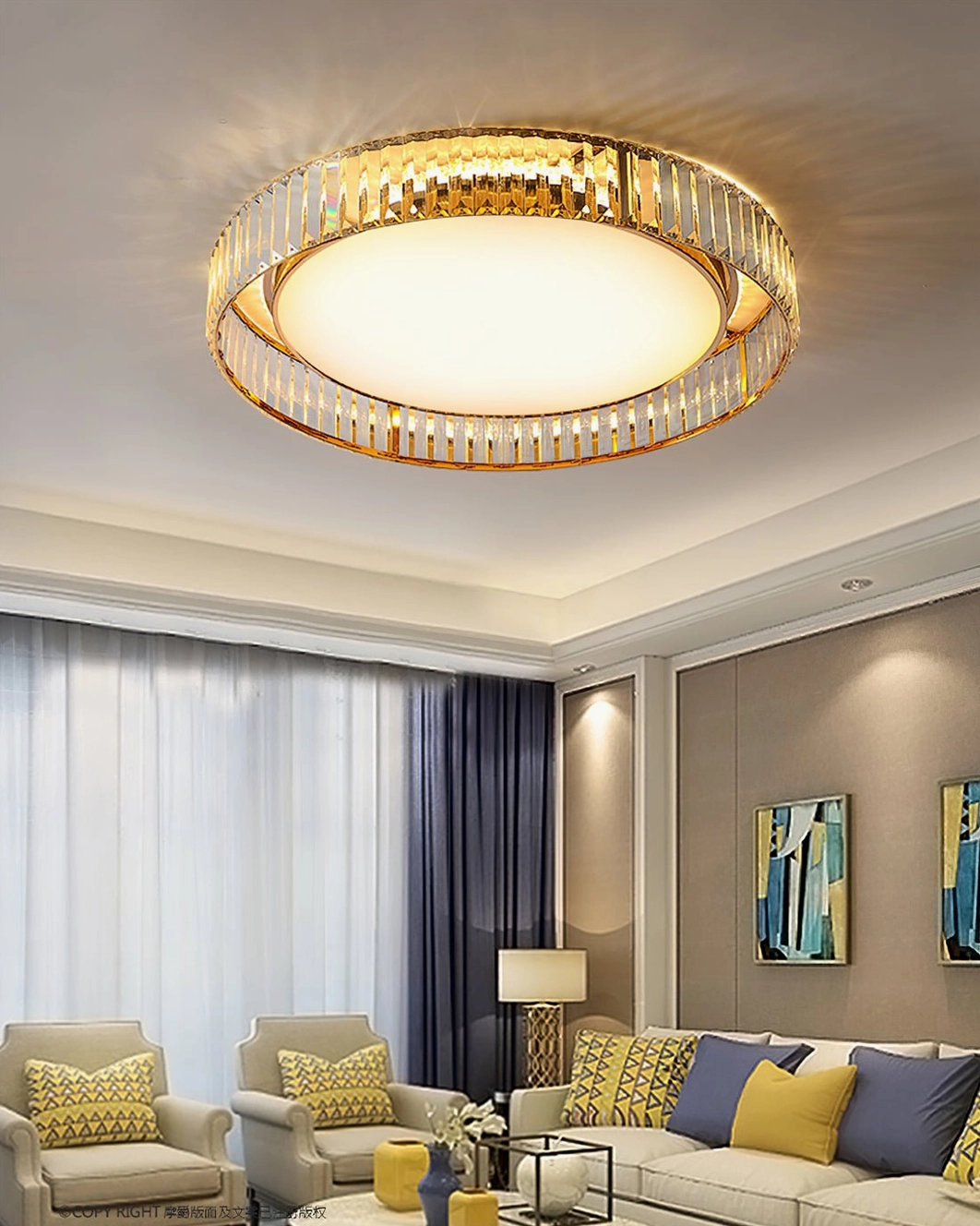 Curzon Ceiling Light in formal living room setting - overhead view with fabric sofa and artwork in neutral interior design