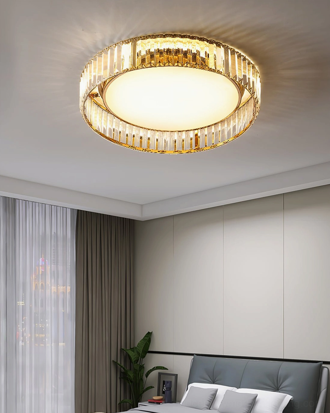 Curzon Crystal Ceiling Light - close-up overhead view showing frosted acrylic diffuser and gold-finished metal trim design