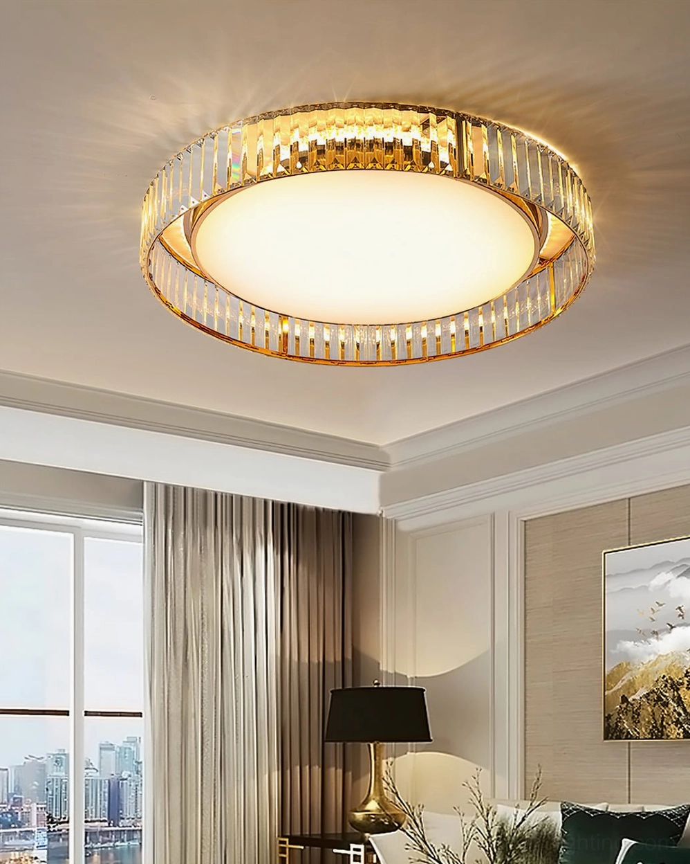Curzon Crystal Ceiling Lamp in luxury living room with large windows - eye-level view of elegant warm decorative lighting