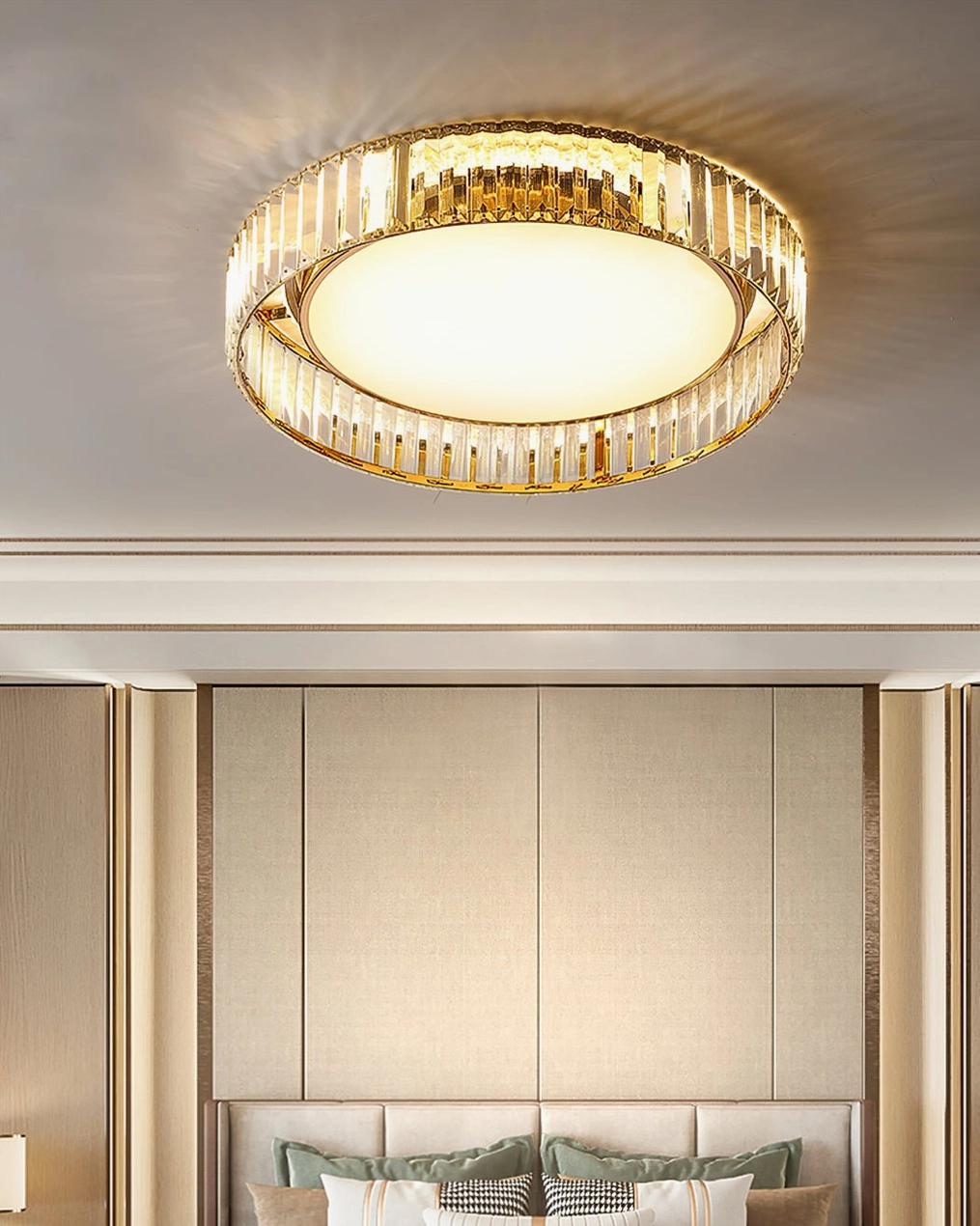 Curzon Crystal Ceiling Light installed in modern master bedroom - overhead view showing warm glowing illumination