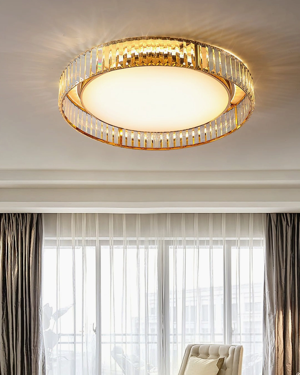 Curzon Modern Gold Crystal Ceiling Light - architectural detail showing flush mount construction and integrated LED technology