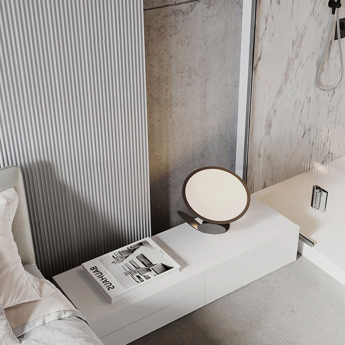 Modern vanity table lamp with dual matte black circular light panels in contemporary bathroom lighting setup