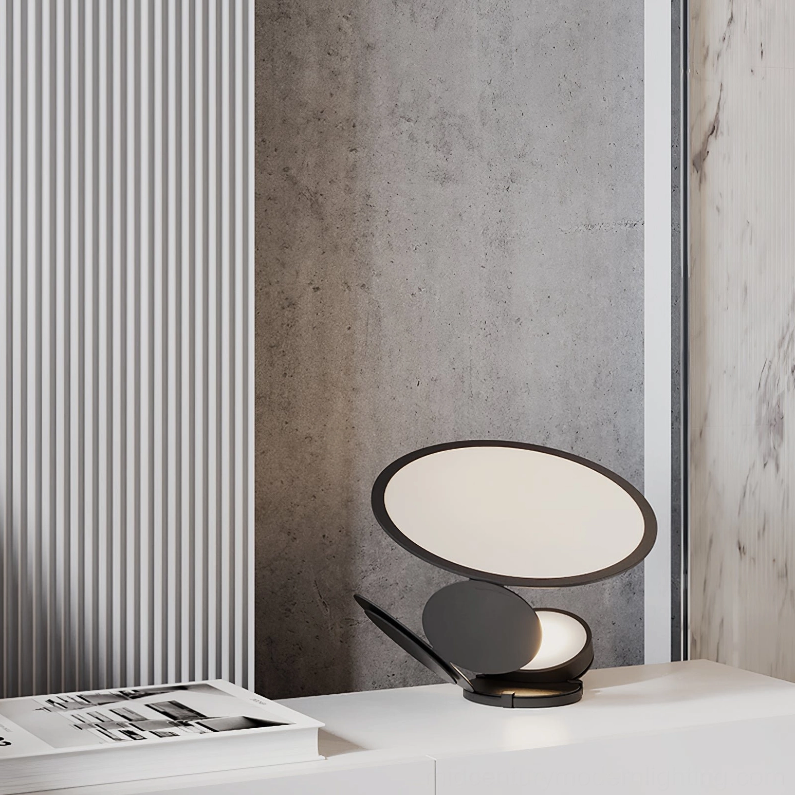 Rotated Cut table lamp with flat round laser-cut light panels on white bedroom side table