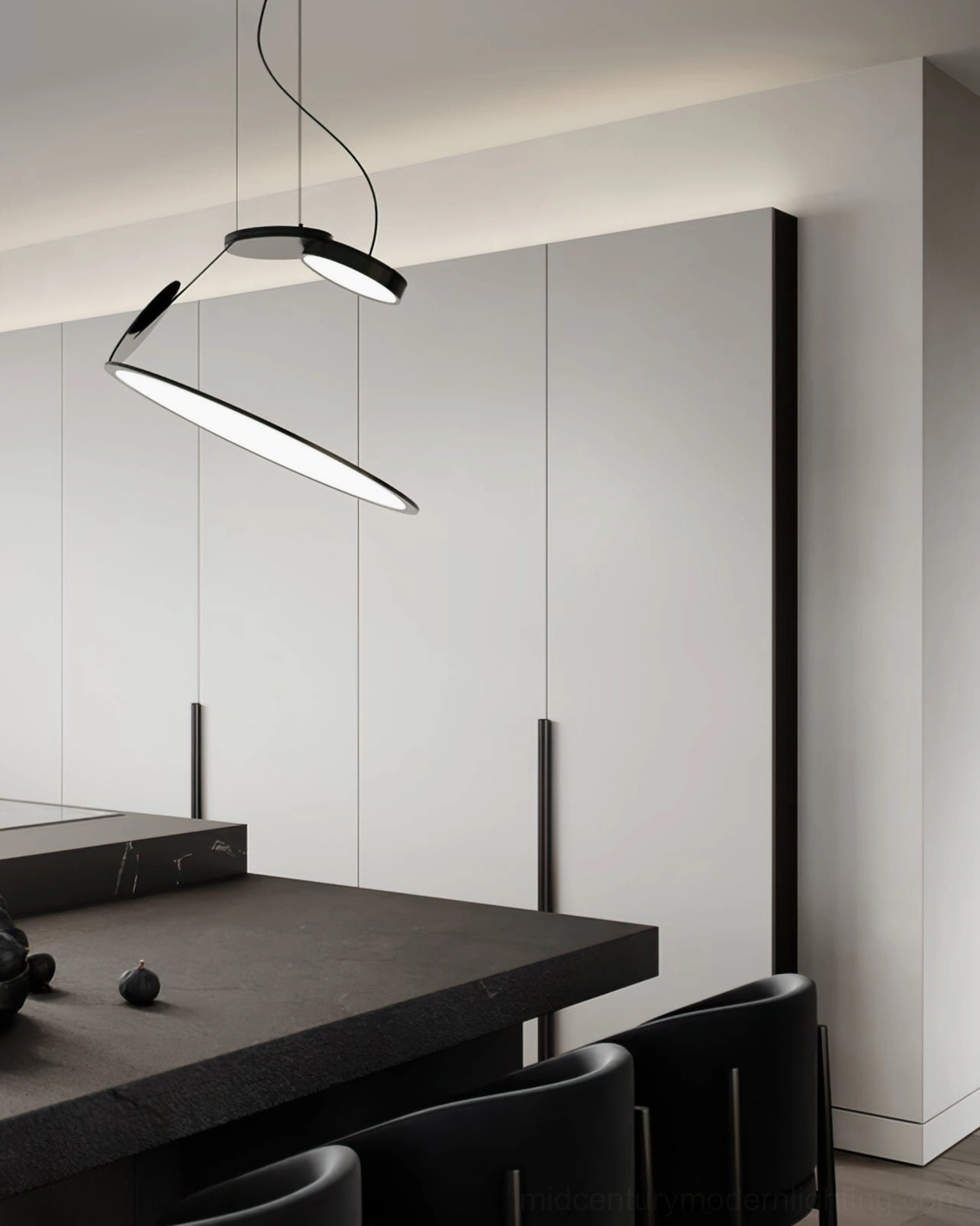 Cut pendant lamp kitchen counter area sleek black metal streamlined design