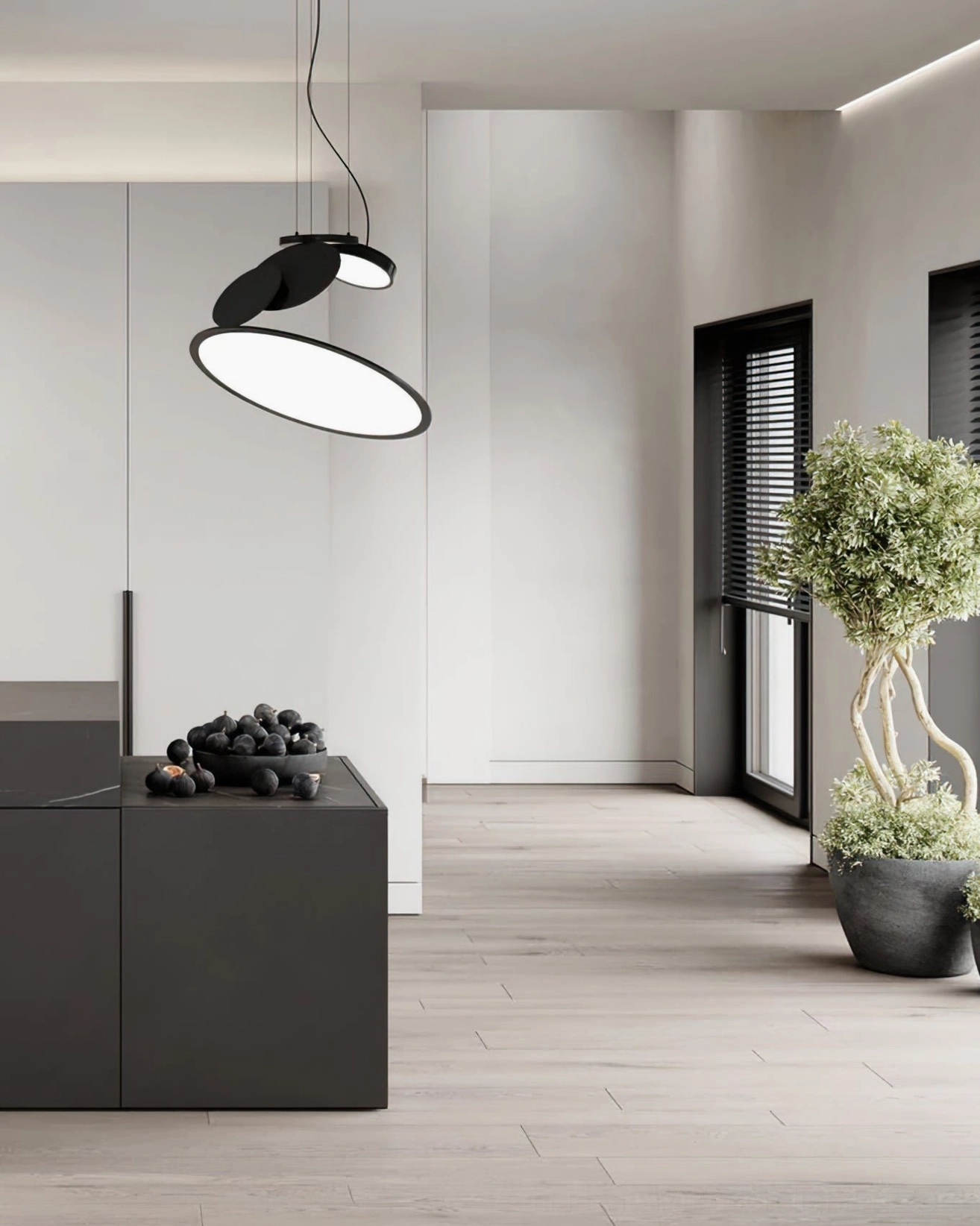 Cut pendant lamp modern kitchen walkway light-colored minimalist home
