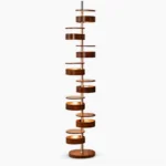 Cylindrical Flow floor lamp with stacked wood cylinders, walnut finish, studio view against white background, mid-century modern design