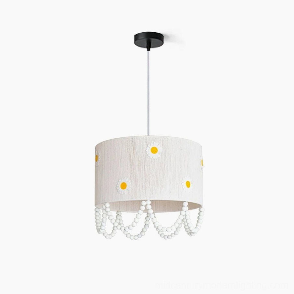 Daisy flower pendant lamp front view white linen shade yellow daisy embroidery pearl bead trim studio background
