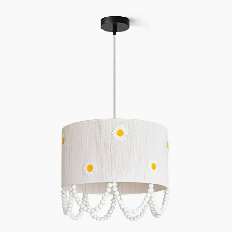 Daisy flower pendant lamp large size variant white yellow daisy embroidery full view product photography