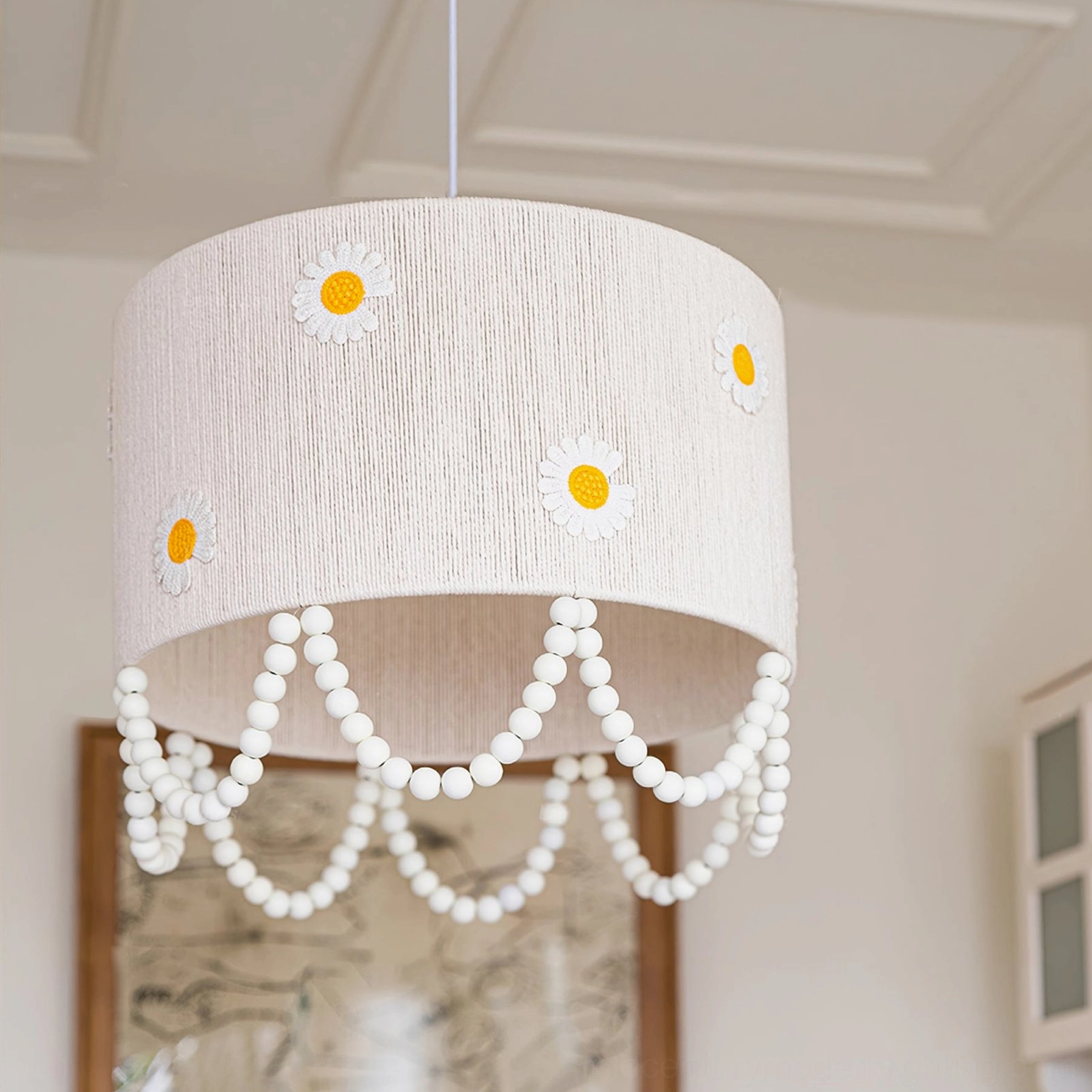 Daisy flower pendant lamp overhead view cylindrical shade daisy prints pearl bead decorations indoor decor wall
