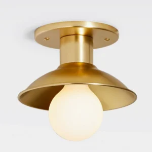 Dakota brass ceiling lamp close-up detail with frosted E27 bulb visible mid-century modern