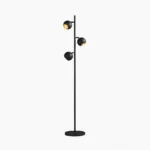 Dakota three-head floor lamp with matte black metal frame and gold-lined spherical shades, full frontal view on white background