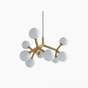 Dallas Planet Sputnik pendant chandelier with polished brass frame and frosted moon glass shades on white studio background