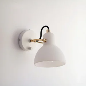 Adjustable swing arm wall lamp side profile showing brass metal base with control mechanism and articulated arm