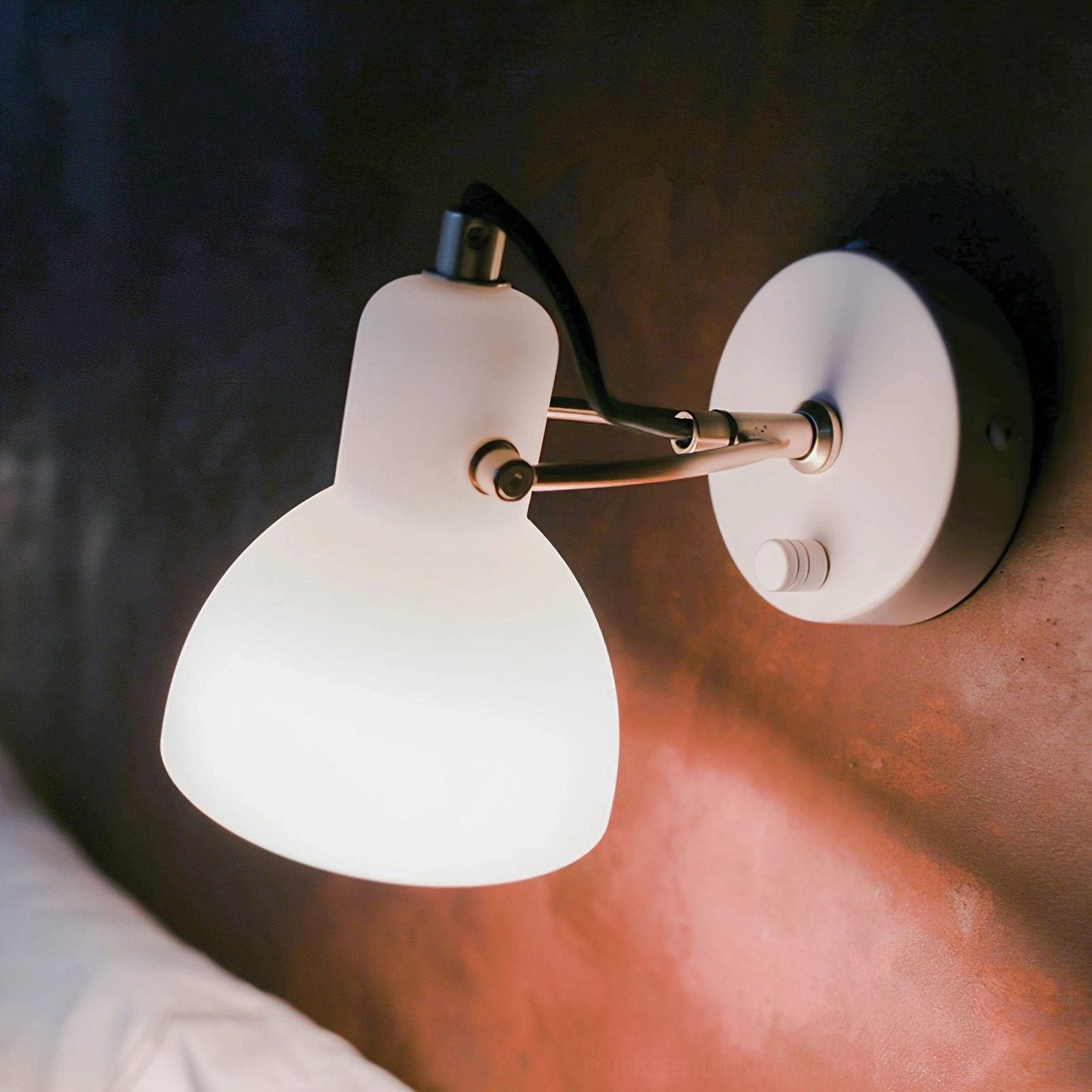 Close-up front view of Daniel wall-mounted lamp with on-off switch on brass base and metal hardware details