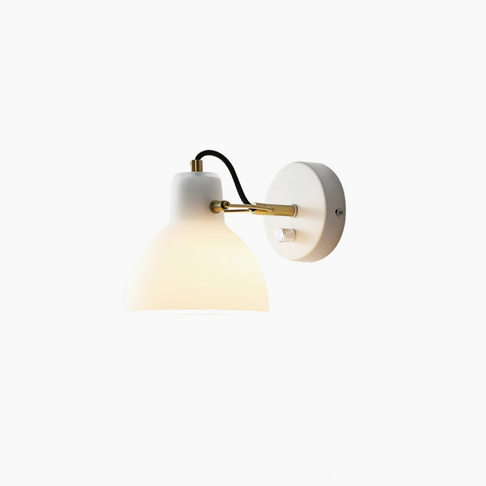 Complete view of Daniel modern wall lamp featuring frosted white glass shade and brass metal construction