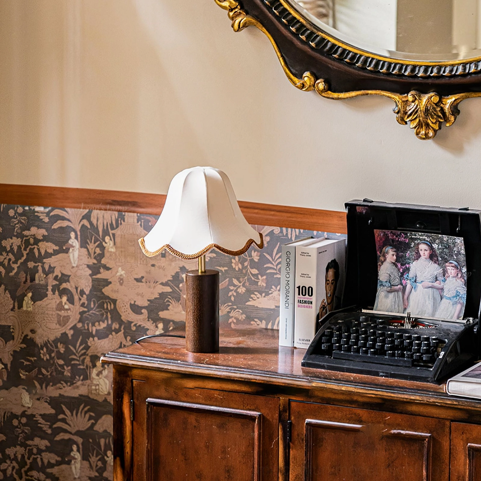 Danika lamp displayed on dresser beside gilded ornate mirror and typewriter, classic vintage home decor