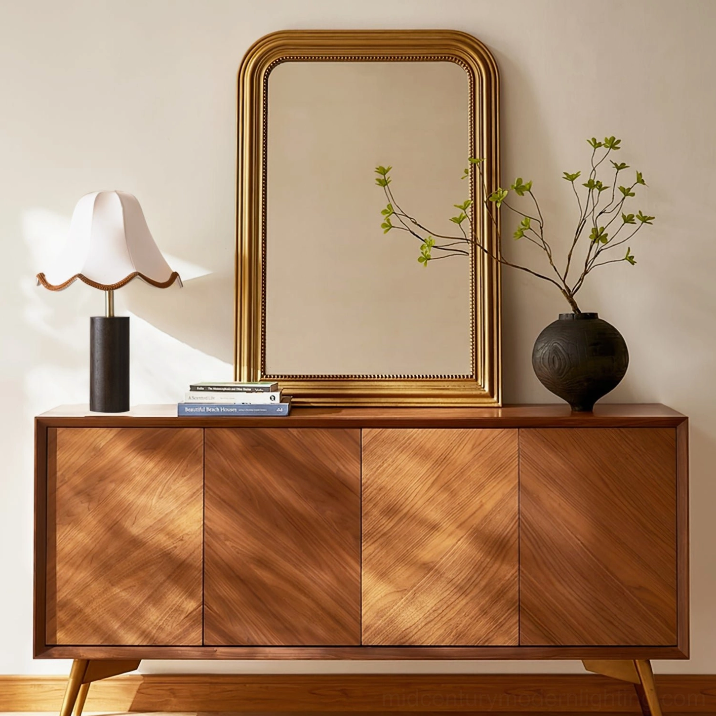 Danika mid-century modern scalloped shade table lamp, fabric and wooden base construction detail