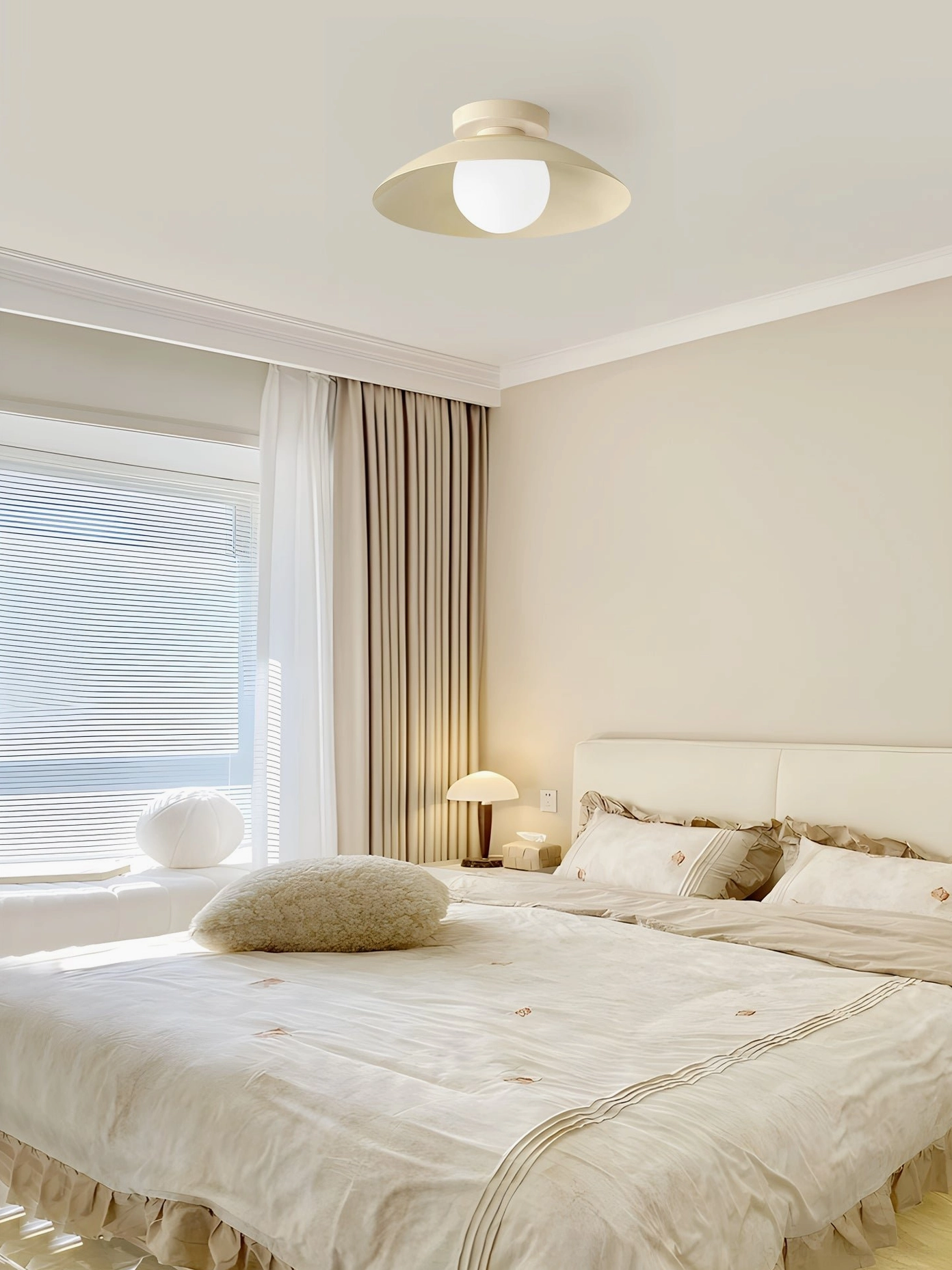 Danoise beige flush mount ceiling lamp bedroom with window blinds cozy warm neutral decor