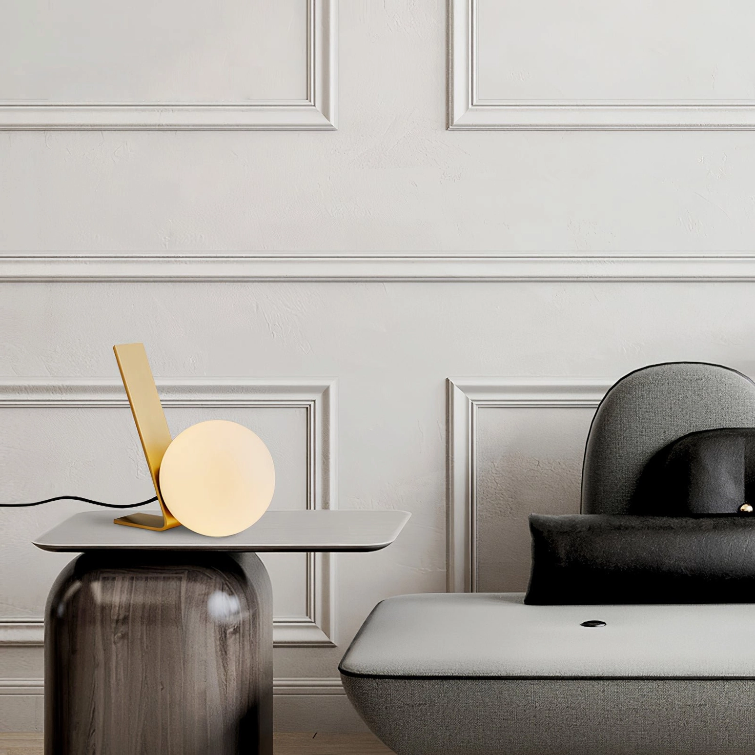 Daphne table lamp in luxury living room with paneled walls and contemporary sofa
