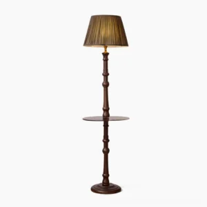 Dark Green and Walnut Mid-Century Modern Floor Lamp with pleated fabric shade and integrated side table, studio view