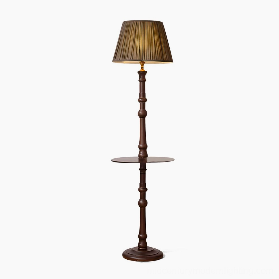 Dark Green and Walnut Mid-Century Modern Floor Lamp with pleated fabric shade and integrated side table, studio view