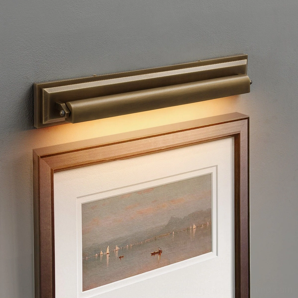 Davenport sconce installed above landscape print in home gallery wall, warm LED light creating ambient architectural accent