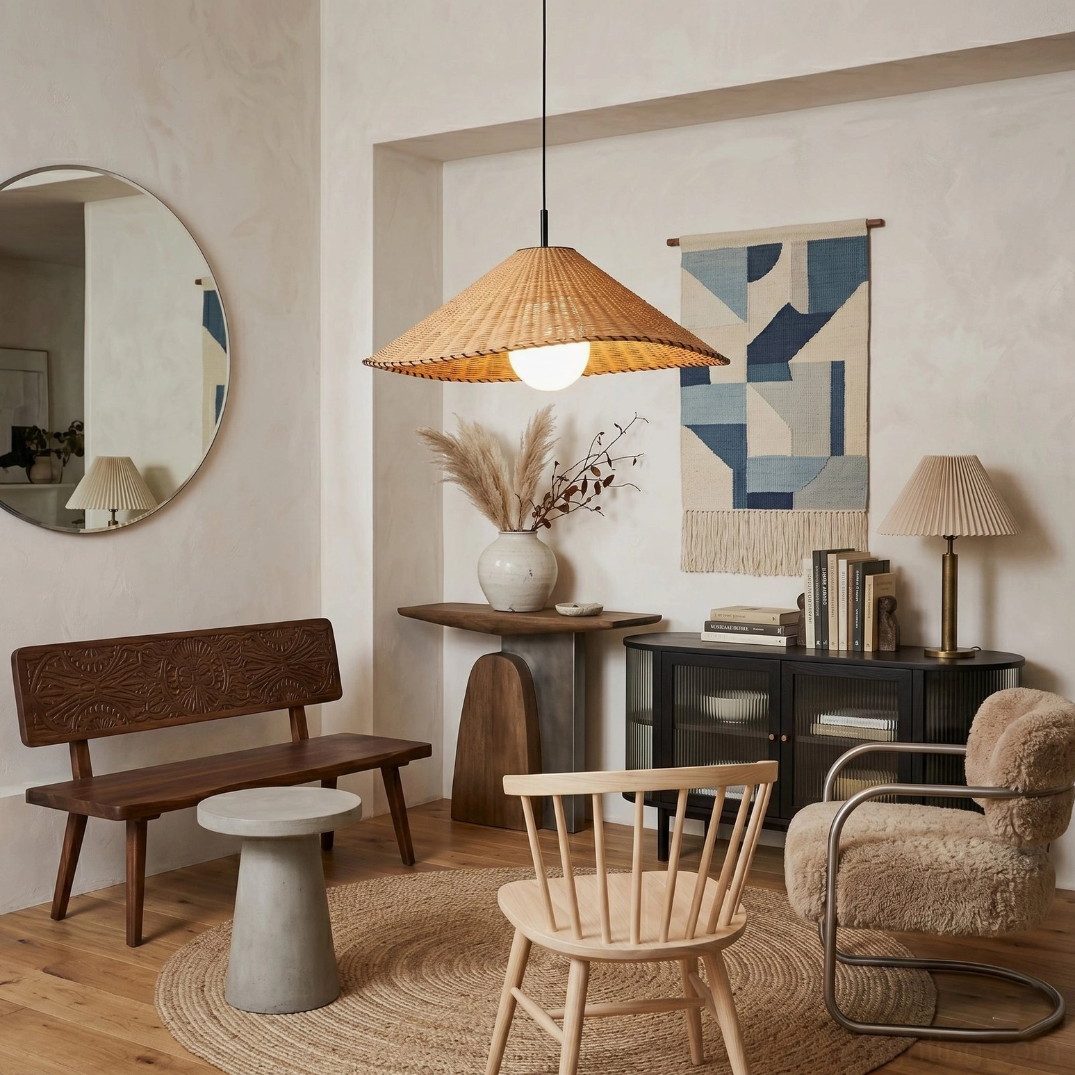 Single hand-woven rattan conical pendant shade in small dining entry nook, showing woven detail and downward light