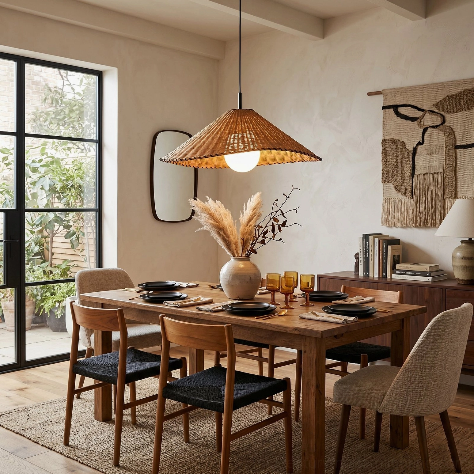 Natural rattan pendant light over formal dining table, coastal bohemian rustic style dining room setting