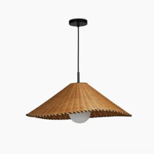 Davida hand-woven natural rattan pendant light with opal glass globe, front view on white background showing conical shade construction