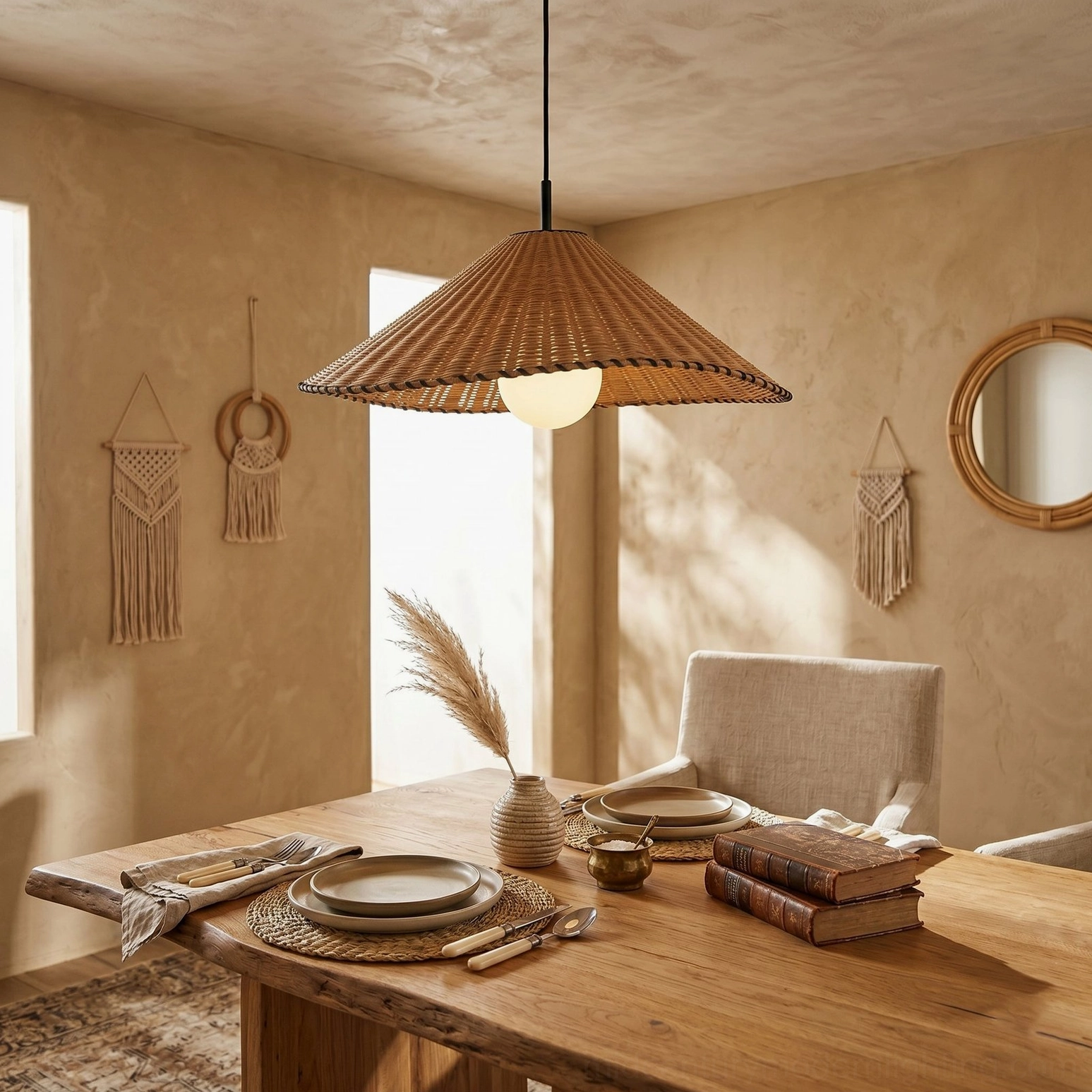 Single rattan pendant light over dining table with terracotta wall, front view showing conical woven shade and opal globe